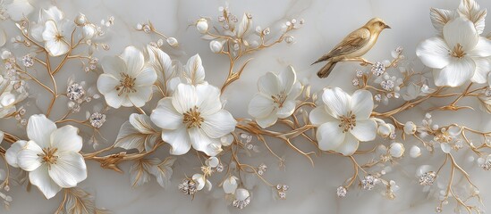 Elegant white blossoms & gold branches with a perched bird