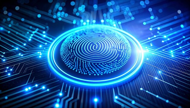 Futuristic glowing fingerprint on a digital circuit background image - Powered by Adobe