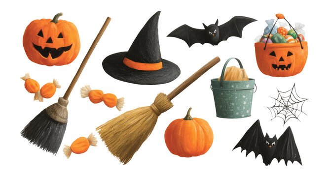 Halloween Decorations Collection with Pumpkins, Broomsticks, and More