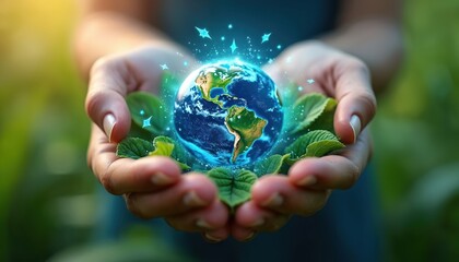 Fototapeta premium Hands cradle glowing Earth, surrounded by green leaves and blue energy particles. Symbolizes world protection, saving planet, environmental responsibility, and climate action.