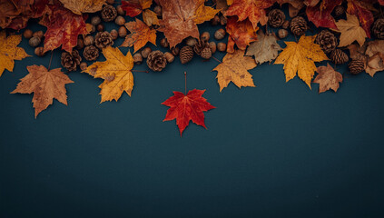 Autumn leaves and pinecones arranged on a dark blue surface, creating a seasonal border.