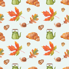 Watercolor seamless autumn pattern with kettle, snale, croissant, leaves, acorns © Sweet