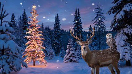 A christmas scene with a deer, an owl, a christmas tree and snowy forest background view