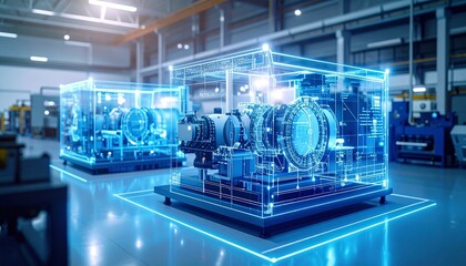 Futuristic holographic industrial machines in a modern factory setting