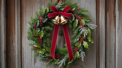 A christmas wreath with red bow and golden bells hangs on a rustic wooden door surface