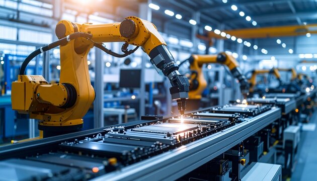 Industrial robotic arm welding components on an automated assembly lin