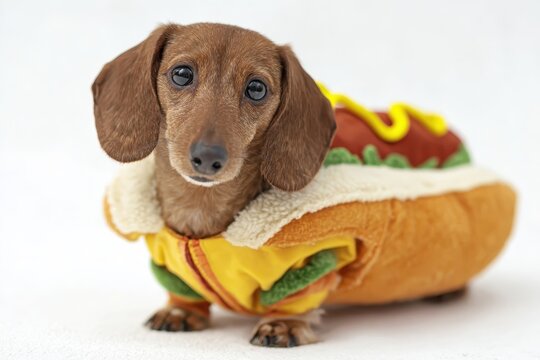 Adorable Dachshund Dog Dressed in Cute Hot Dog Costume for Fun
