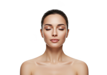 Beautiful young woman with closed eyes isolated on transparent background