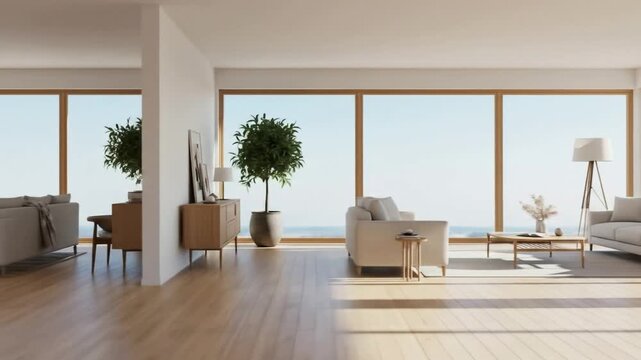 Showcasing Serene Modern Interior: Bright, Airy Living Room with Ocean View