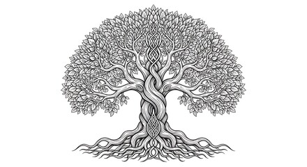 Intricate detailed black and white drawing of a tree of life with roots isolated on white background