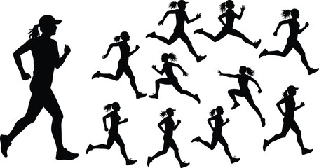 Running silhouette vector set, jogging poses with cap, athletic motion stages, fitness sport illustration, dynamic movement icons, training, marathon runne