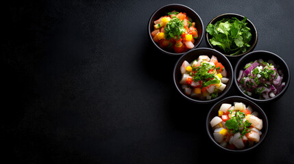 Peruvian ceviche bowls on black background flat lay