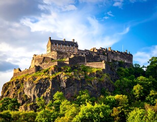 Edinburgh Castle perched atop Castle Rock under a cloudy blue sky