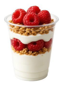 Raspberry yogurt parfait in a plastic cup.
