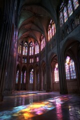 Obraz premium Majestic Cathedral Interior with Stained Glass and Colorful Light Reflections