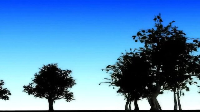 Silhouetted trees at dawn or dusk, minimalist gradient sky, serene digital illustration. Row of dark trees against blue sky, balanced landscape art. Evenly spaced trees with expansive sky backdrop.