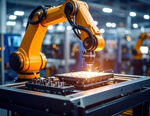 Industrial robot arm performing precise metal machining work in factor