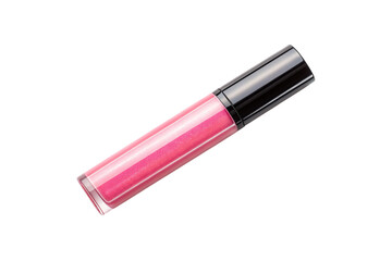 Pink lip gloss tube with black cap containing glossy cosmetic product for beauty and makeup, isolated on a transparent background