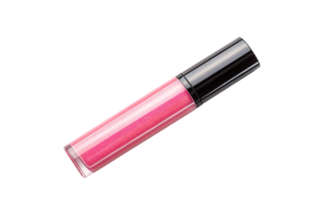 Pink lip gloss tube with black cap containing glossy cosmetic product for beauty and makeup, isolated on a transparent background