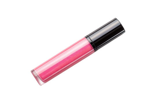 Pink lip gloss tube with black cap containing glossy cosmetic product for beauty and makeup, isolated on a transparent background