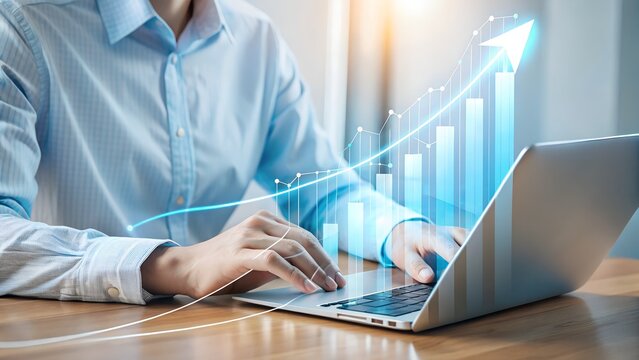 Business Growth Analysis on Laptop with Upward Trend Financial Success and Strategy Implementation Concept