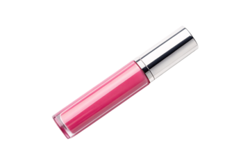 Pink liquid lip gloss with silver chrome cap and clear tube body, isolated on a transparent background