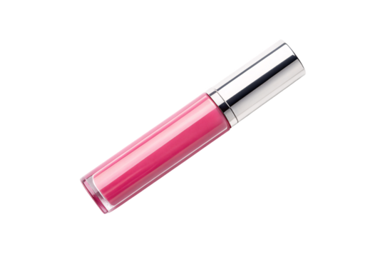 Pink liquid lip gloss with silver chrome cap and clear tube body, isolated on a transparent background