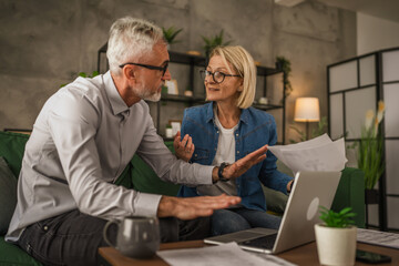 Mature senior couple husband and wife work together form home