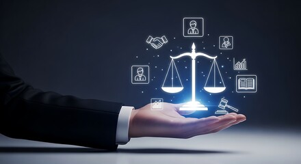 Professional elegant hand presents justice scales, legal icons for your corporate law firm branding solutions
