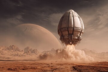 Mars Landing: Futuristic Spaceship Descending on Red Planet Landscape with Distant Planet.