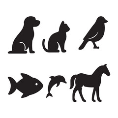Collection of animal silhouettes featuring a dog cat bird fish dolphin and horse for graphic design and educational materials