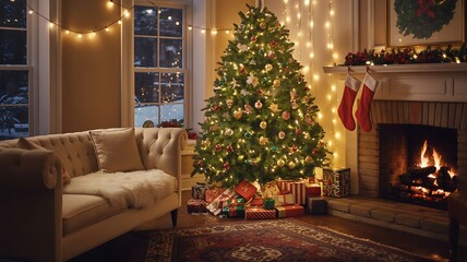 A cozy christmas living room with a decorated tree fireplace and presents underneath it all