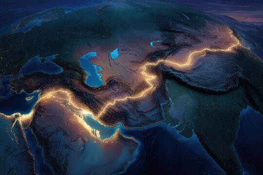 Middle East and Central Asia Topographic Map with Illuminated Borders at Night