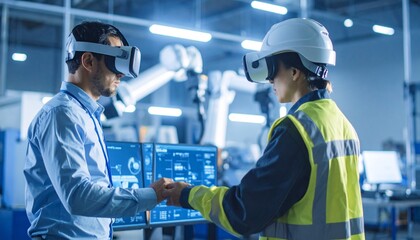 Two workers in virtual reality headsets collaborating in a modern fact