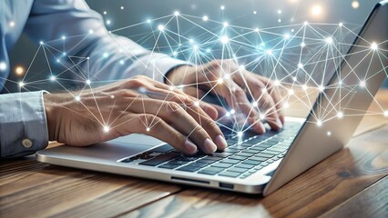 Man Typing on Laptop with Digital Network Overlay Representing Connectivity and Modern Technology Integration