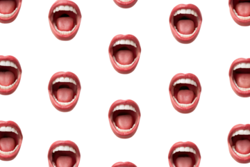 Pattern of multiple red-lipped open mouths scattered across white background in repeating design, isolated on a transparent background
