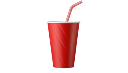 Red paper cup with drinking straw on transparent background.