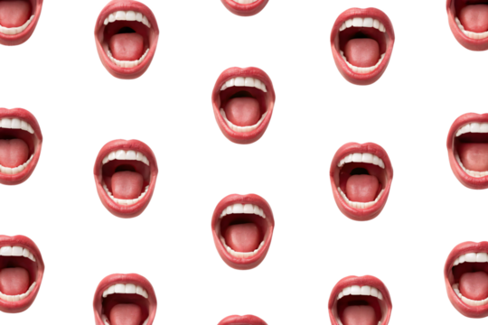 Pattern of multiple red-lipped open mouths scattered across white background in repeating design, isolated on a transparent background