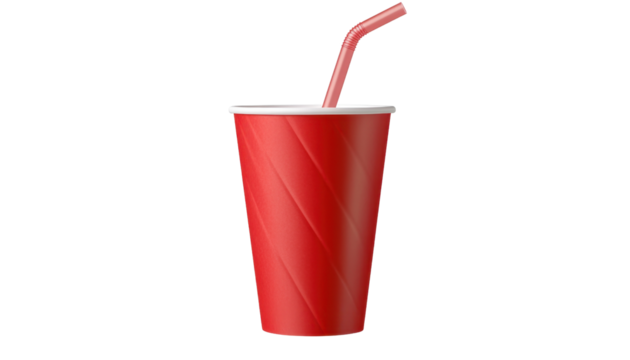 Red paper cup with drinking straw on transparent background.