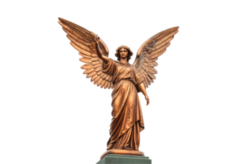 Bronze angel statue with raised wings in triumphant pose on pedestal base, isolated on a transparent background