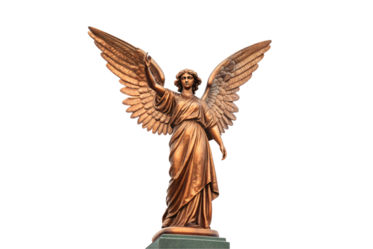 Bronze angel statue with raised wings in triumphant pose on pedestal base, isolated on a transparent background