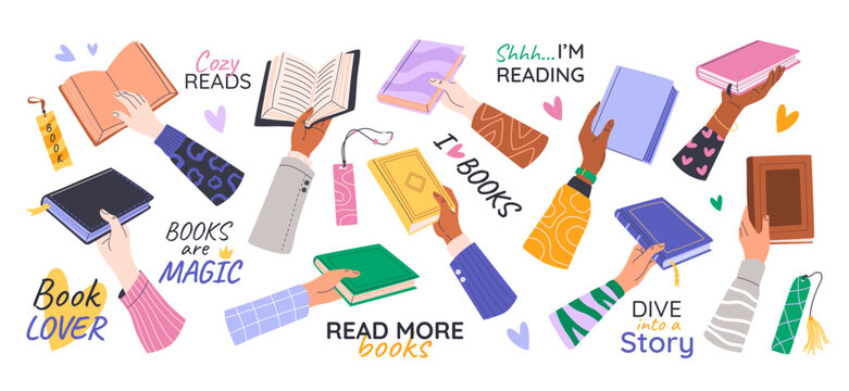 Diverse human hands holding various books. Isolated flat illustrations and quotes for book fairs, education events, book exchange, library day, and back to school themes. Cute hand drawn stickers.