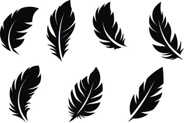 Feather silhouette set. black feather icons isolated. Feather silhouettes. feather, vector, striped, cut out, fluffy, fragility, illustration, ink, 
