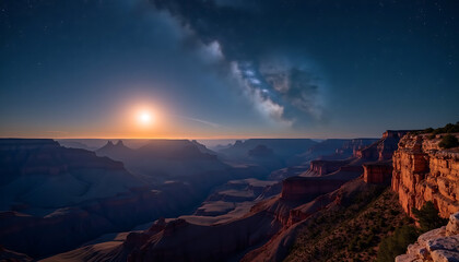 Obraz premium Breathtaking Nightscape: Panoramic Landscape with Stars and Majestic Canyon in a Vibrant Landscape Photography Style