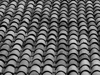 red terracotta roof tiles, background, Portuguese architecture, black and white picture