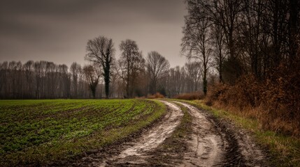 Fototapeta premium Serene country road through a muddy field with overcast sky