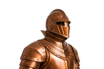 Bronze medieval knight bust with ornate helmet, layered plate armor with rivets and decorative elements, isolated on a transparent background