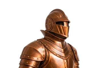 Bronze medieval knight bust with ornate helmet, layered plate armor with rivets and decorative elements, isolated on a transparent background