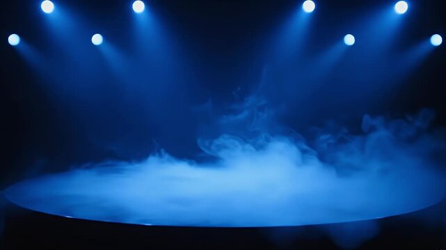 Stage with blue spotlights and smoke