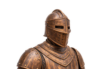 Medieval knight armor with weathered bronze finish and articulated joints, isolated on a transparent background